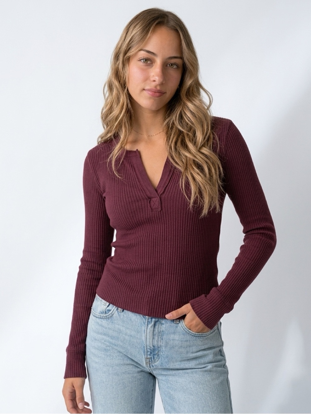 Aerie Ribbed Long Sleeve Henley Top - Burgundy